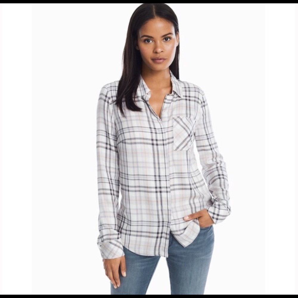 White House Black Market Plaid Button Down Blouse